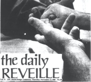 Decades-old front page of "The Daily Reveille" features hands of a White man and a Black man mingling their blood.